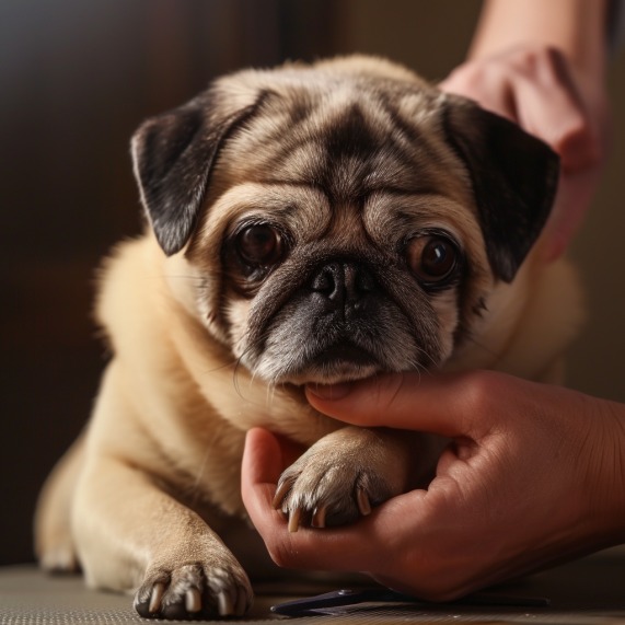 pug dog getting its nails trimmed